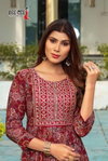 Amaira By Deecee Chanderi Print Embroidered Flared Long Kurtis
